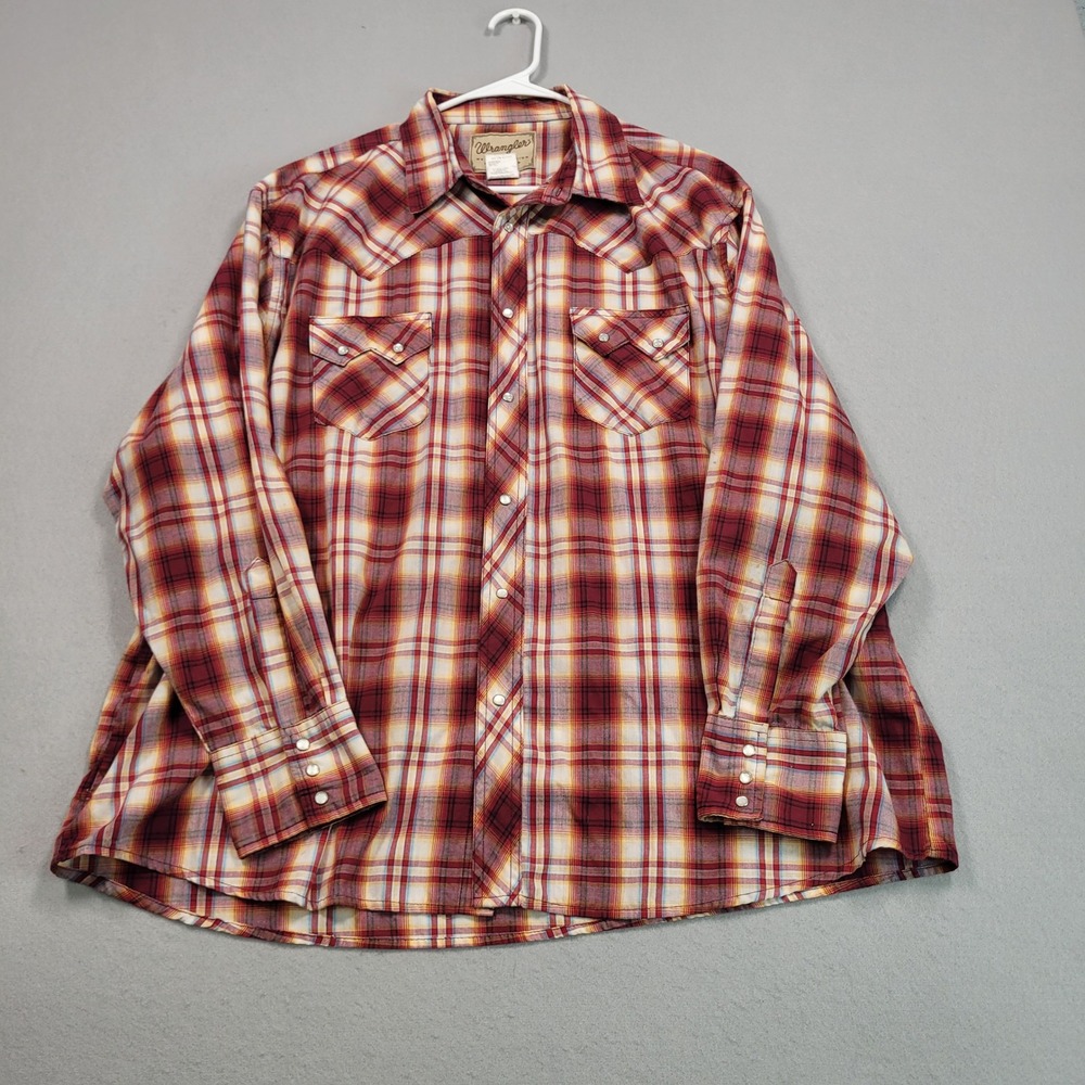 Wrangler Mens Western Fashion Snap Shirt 2XL Red Plaid Pearl Snap Long Sleeve